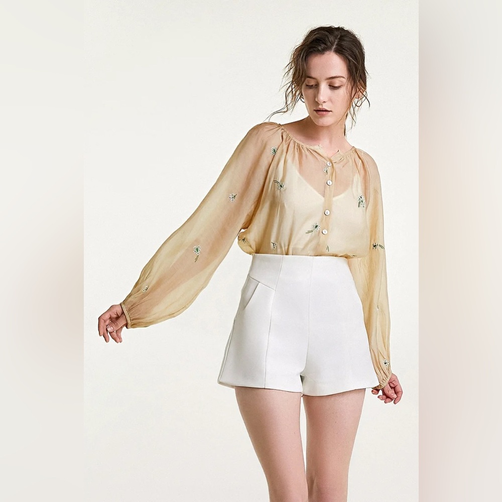 Sheer Yellow Floral Button-Front Blouse